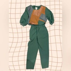 90s Vintage Teal & Tan Patchwork Jumpsuit | Size Medium
